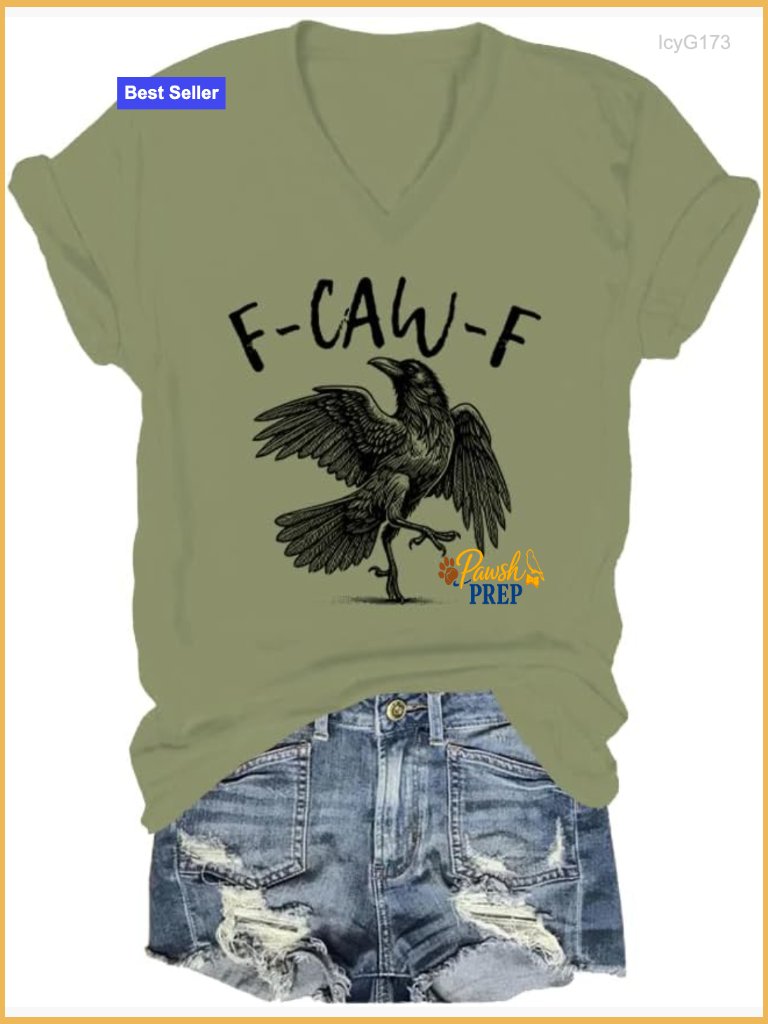 V-Neck Graphic Tee, Funny Crow Design, 100% Cotton, Regular Fit T-Shirt